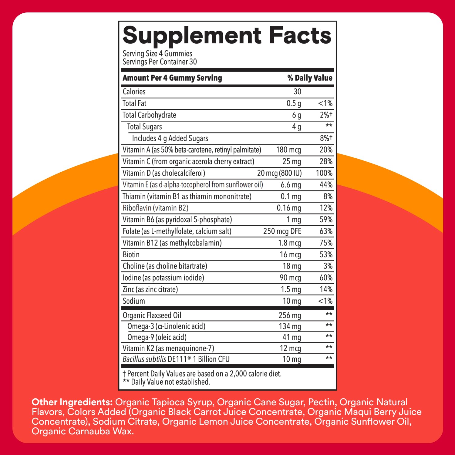 SmartyPants Organic Kids Multivitamin Gummies label closeup highlighting D3 and zinc.