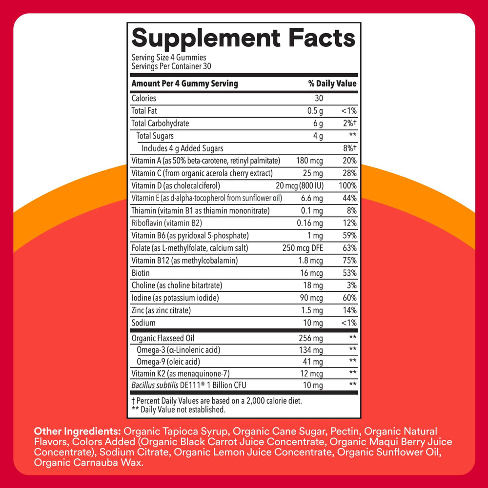 SmartyPants Organic Kids Multivitamin Gummies label closeup highlighting D3 and zinc.