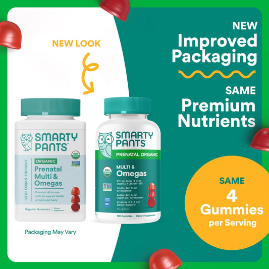 SmartyPants Organic Prenatal bottle back showing K2, D3, B12 and vegetarian omega-3 features.