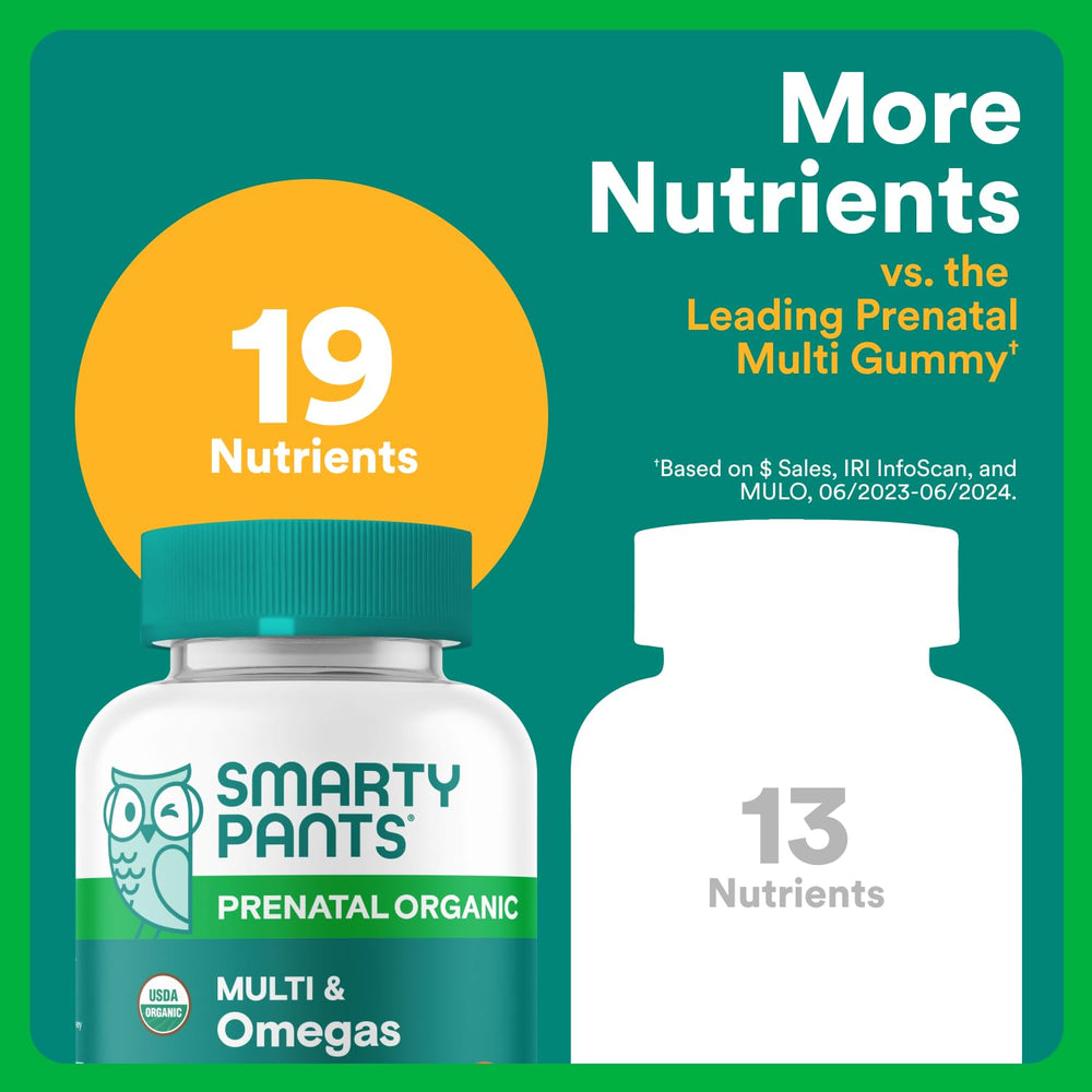 SmartyPants Prenatal bottle on table, signaling convenient daily four-gummy serving.