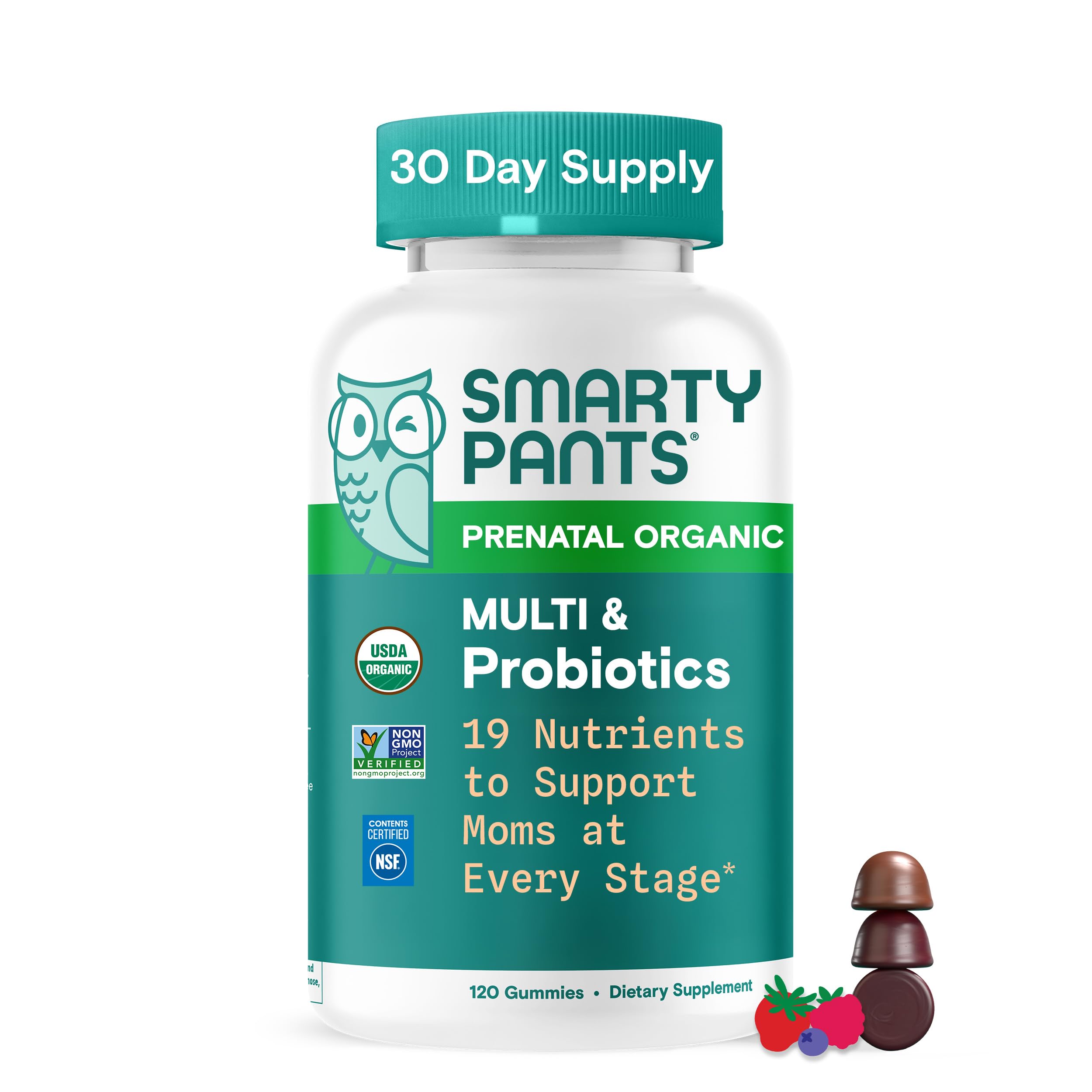 SmartyPants Organic Prenatal Gummies bottle showing convenient daily nutrient serving