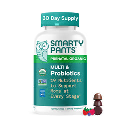 SmartyPants Organic Prenatal Gummies bottle showing convenient daily nutrient serving