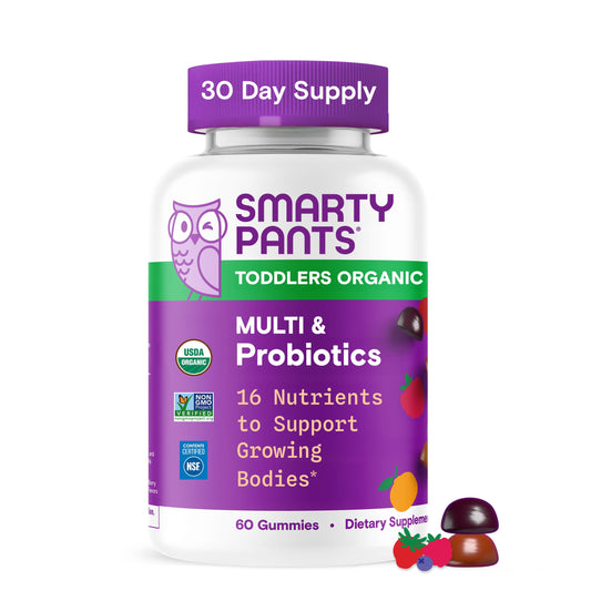 SmartyPants Organic Toddler Multivitamin bottle front for daily nutrition.
