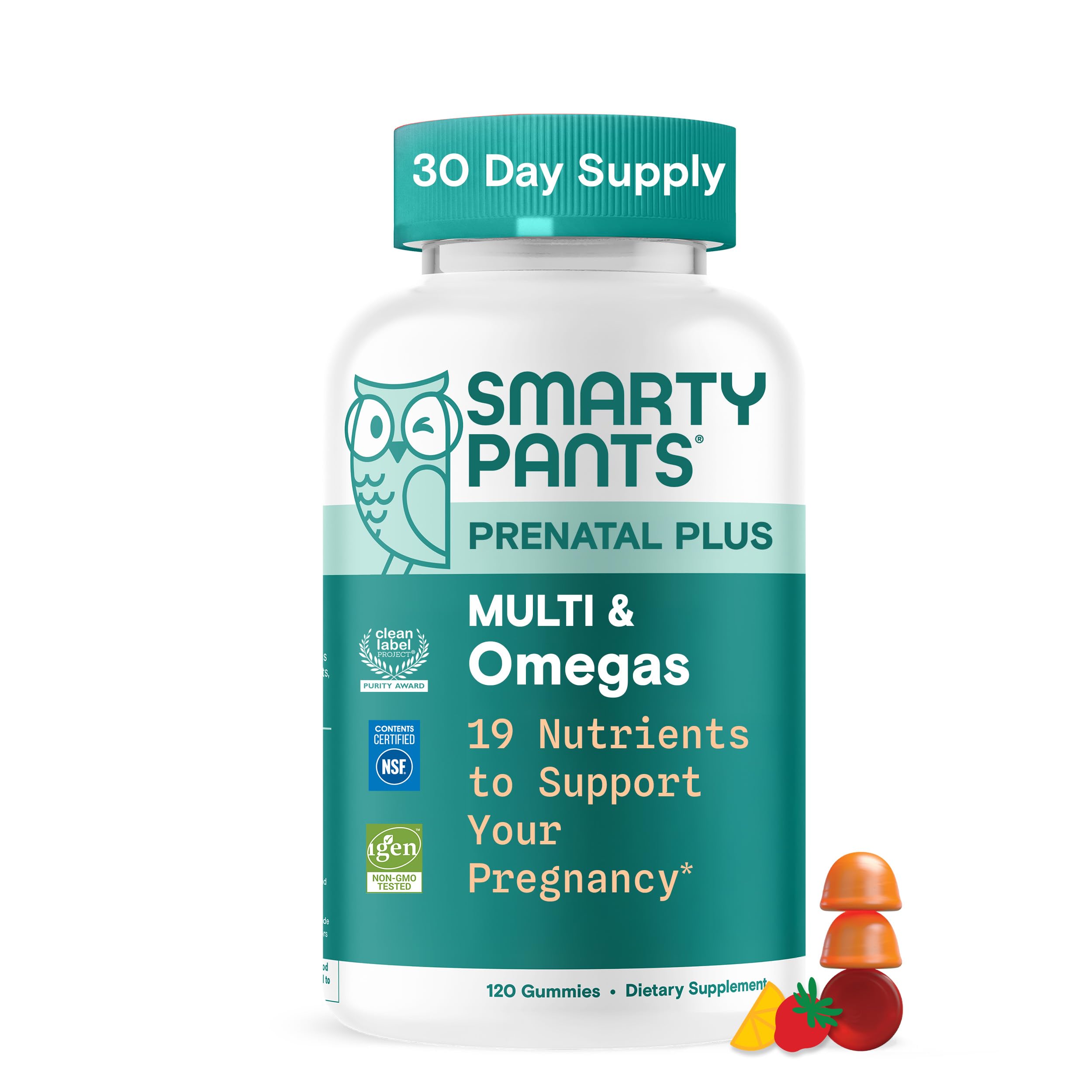 SmartyPants Prenatal Plus Omega-DHA gummies in bottle for daily pregnancy nutrition.