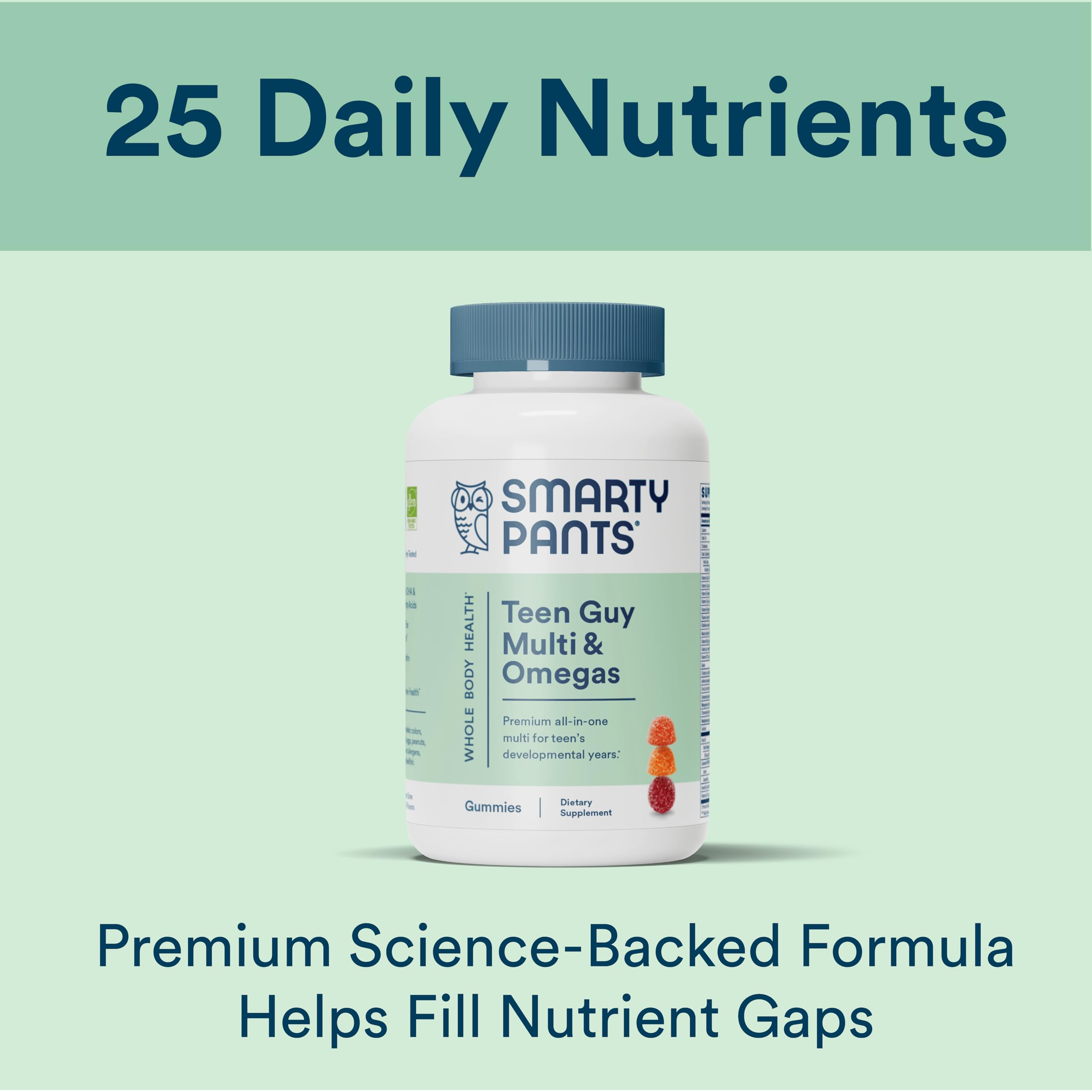 SmartyPants Teen Guy Formula label closeup highlights key nutrients.