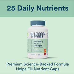 SmartyPants Teen Guy Formula label closeup highlights key nutrients.