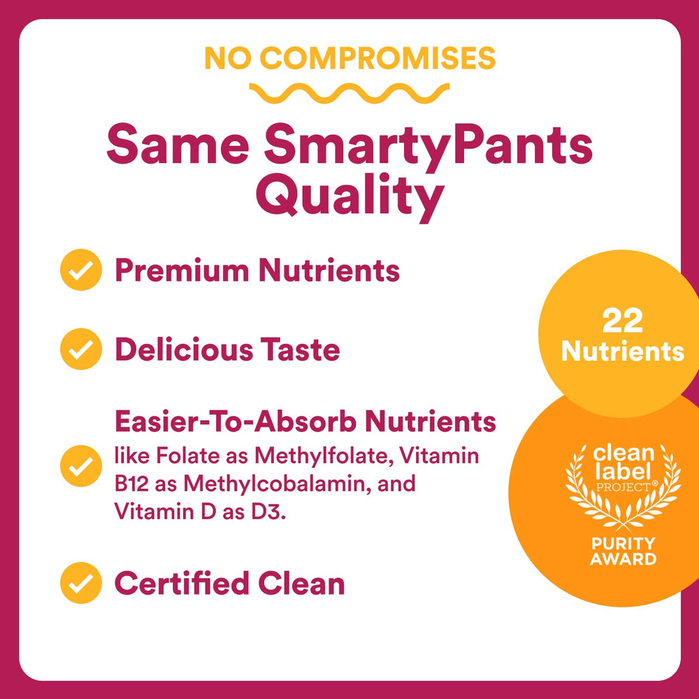 SmartyPants algal omega-3 DHA/EPA bottle highlighted for heart and brain support.