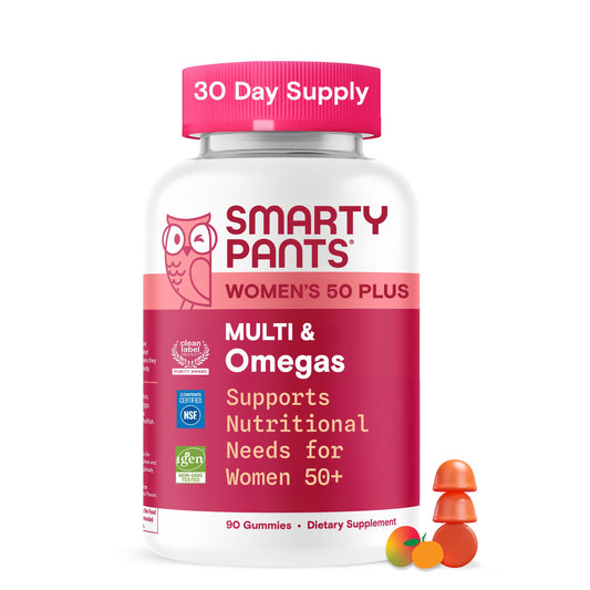 SmartyPants Women 50+ multi-omega bottle ready for daily use and wellness.