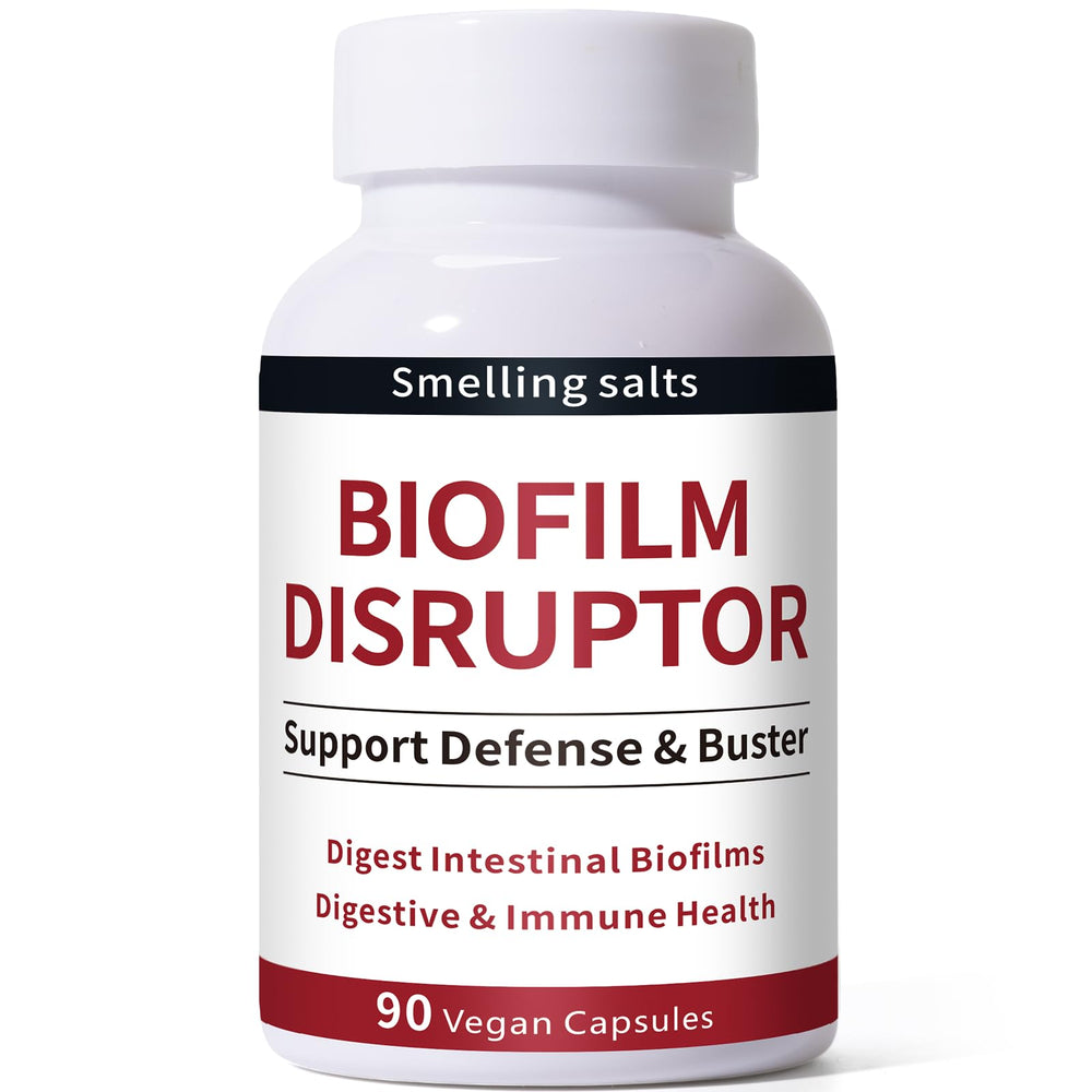 Smelling salts Biofilm Disruptor bottle shows product label for digestion support.