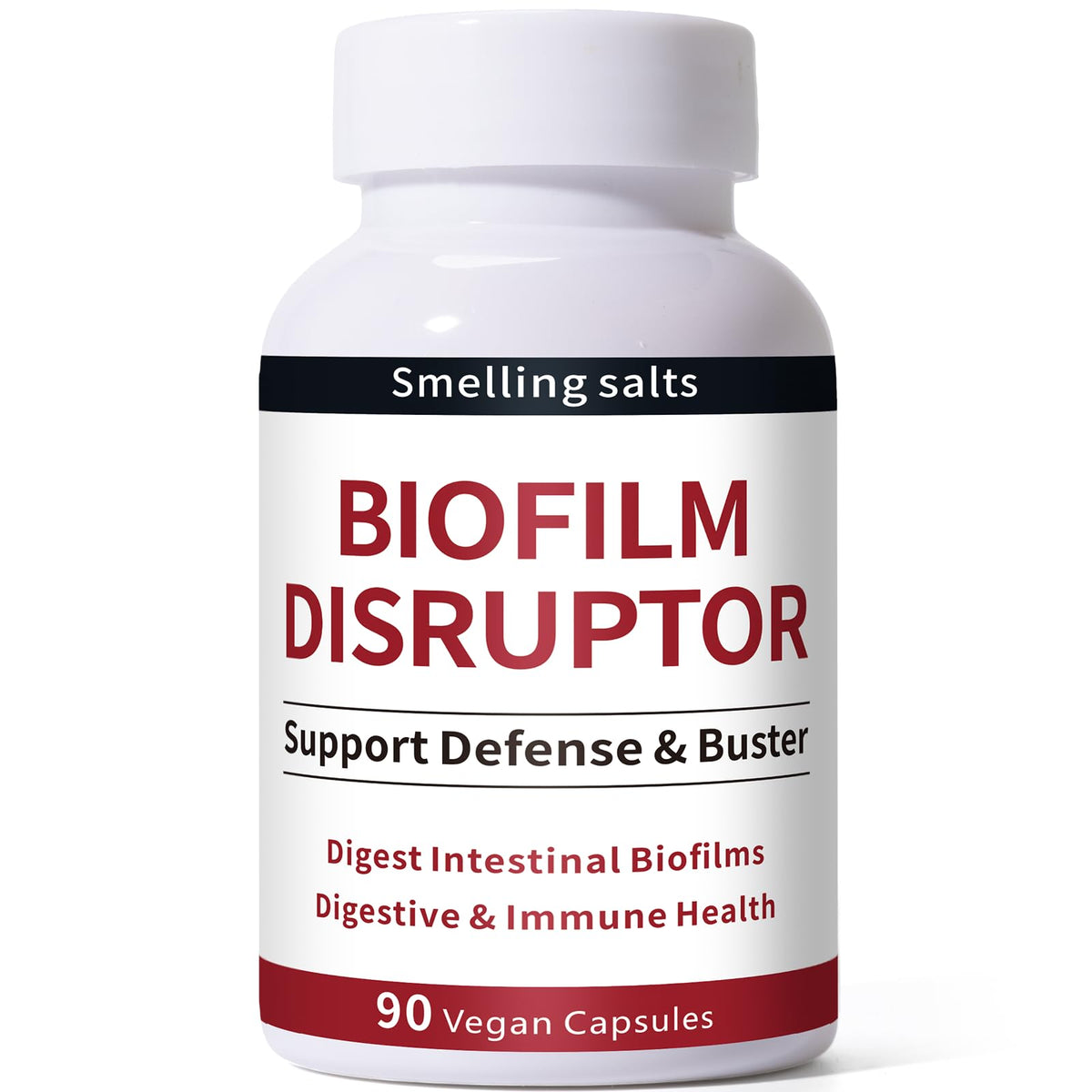Smelling salts Biofilm Disruptor bottle shows product label for digestion support.