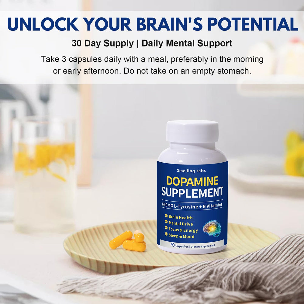 Smelling salts Dopamine Supplement bottle with glass provides subtle daily motivation.