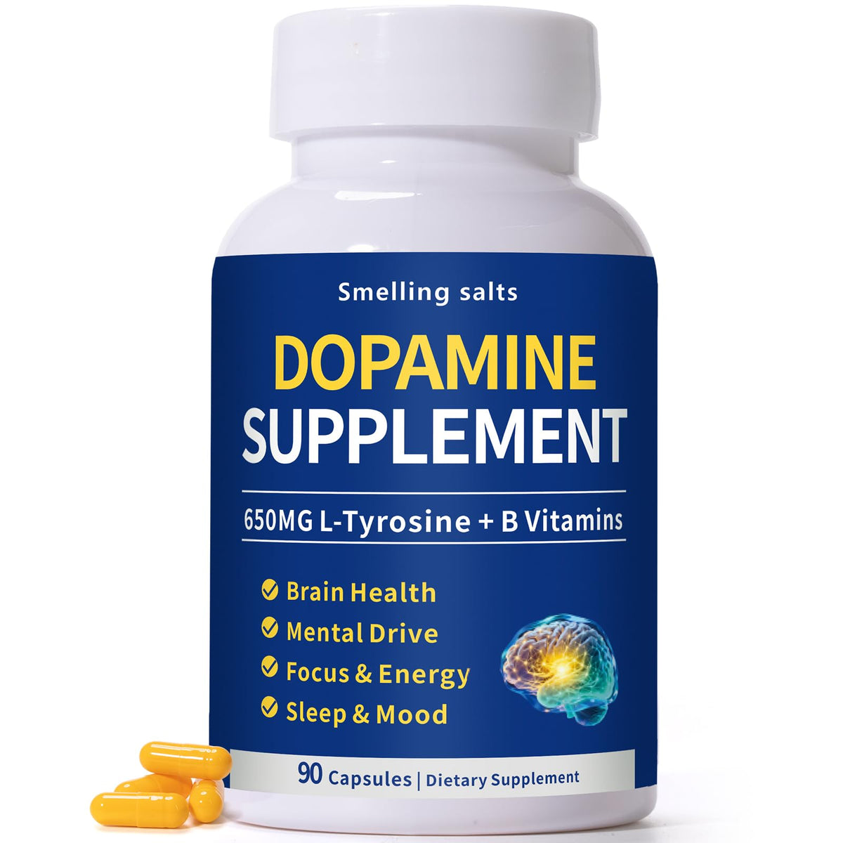 Smelling salts Dopamine Supplement bottle supports focus and motivation during study.