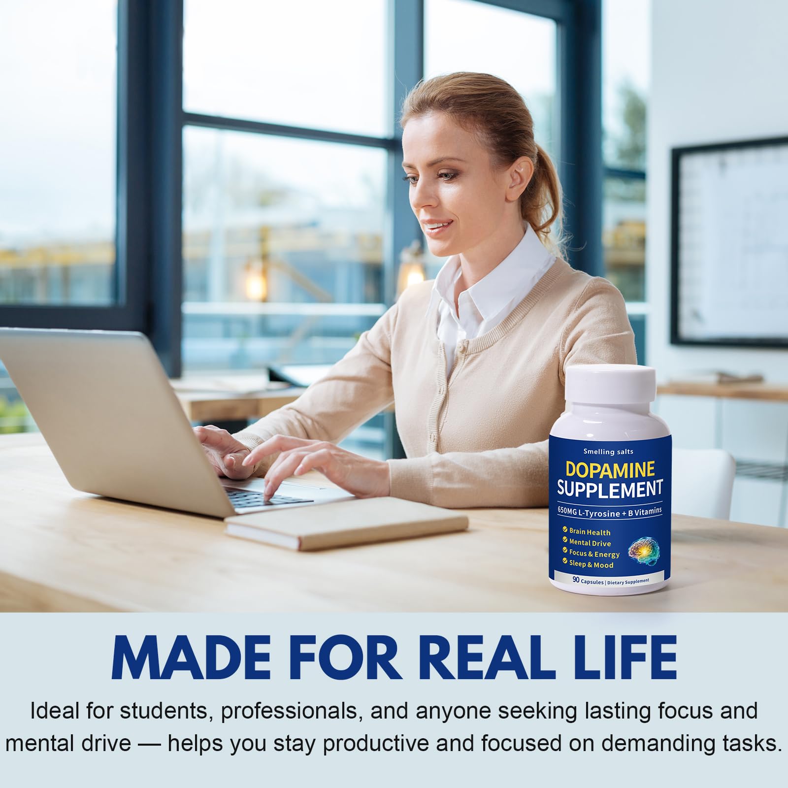 Smelling salts Dopamine Supplement capsules on desk ready for focused work.