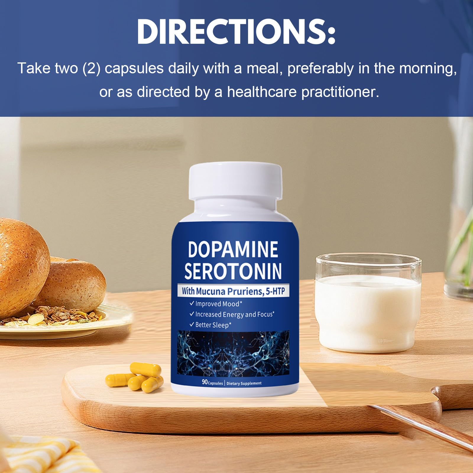Lifestyle scene with Smelling salts serotonin and dopamine supplements in a morning routine