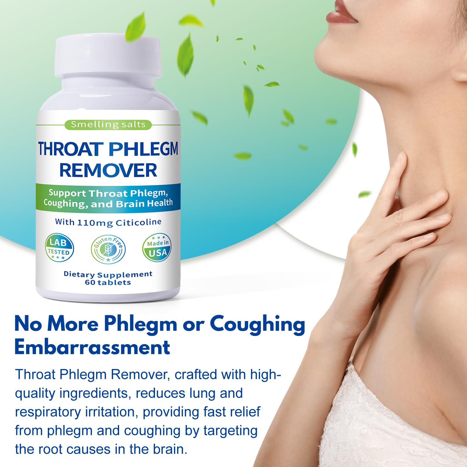 Smelling salts Throat Phlegm Remover label close-up with non-GMO and gluten-free notes.