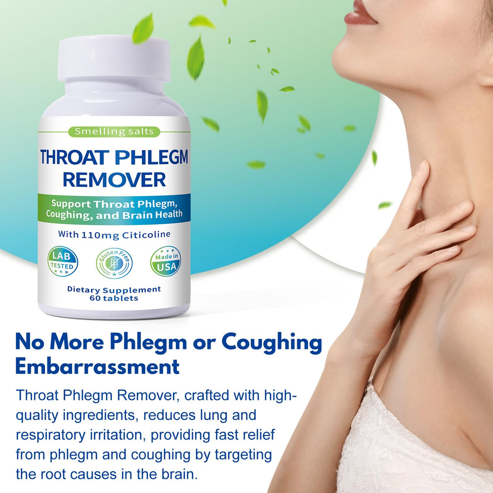 Smelling salts Throat Phlegm Remover label close-up with non-GMO and gluten-free notes.