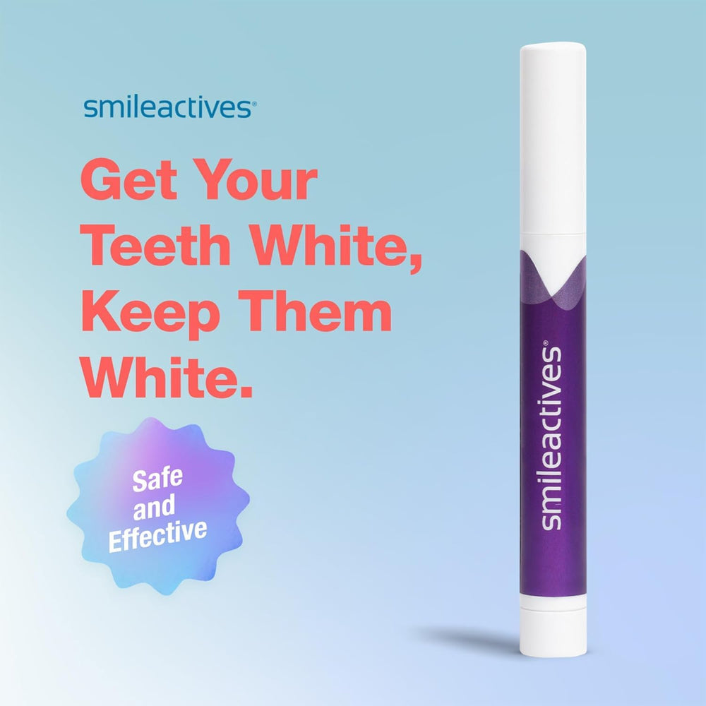 Smileactives whitening pen showing gel application on teeth for quick brightening.