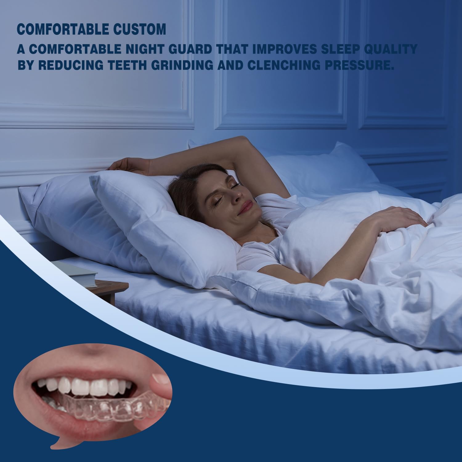 SmileHero custom-fit mouth guard placed in mouth for comfortable sleep.