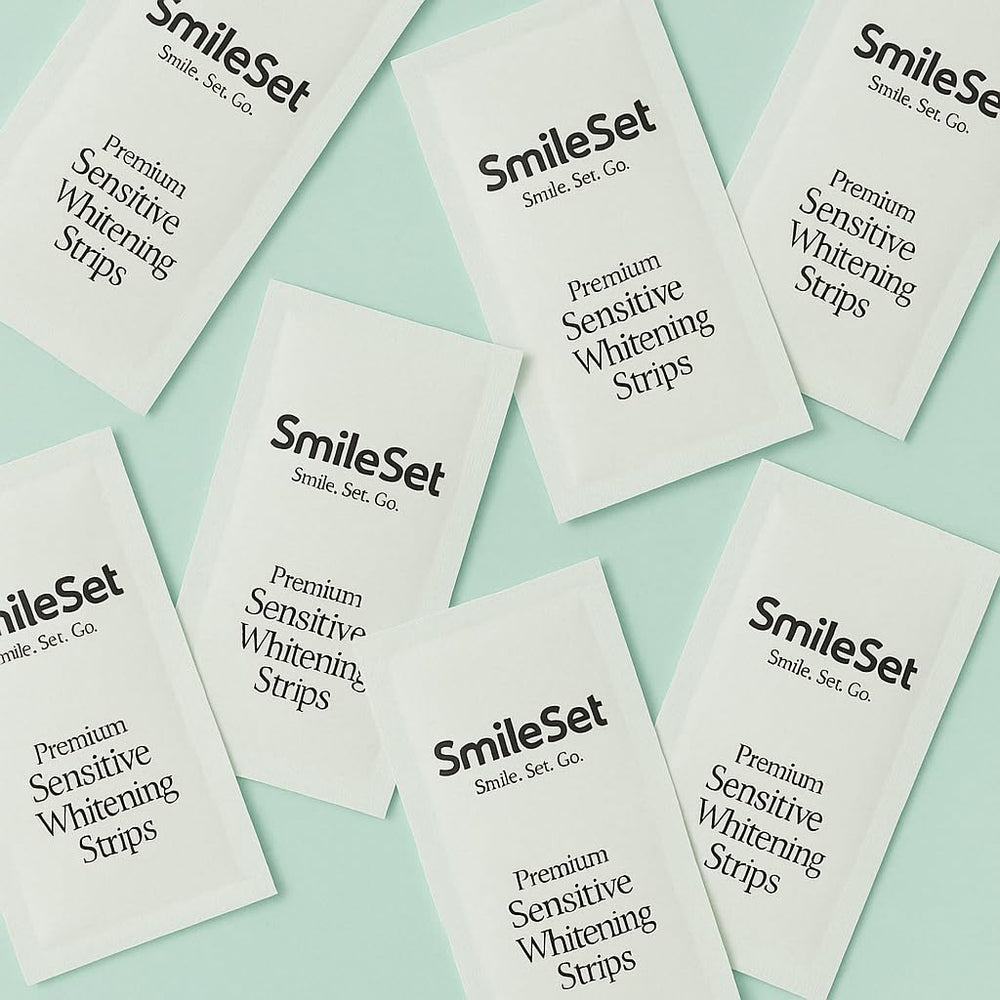 SmileSet whitening strips packaging showcases enamel-safe formula for at-home use.