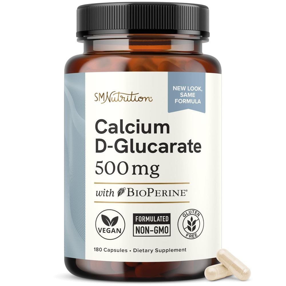 SMNutrition Calcium D-Glucarate 500mg bottle front highlighting liver detox focus.