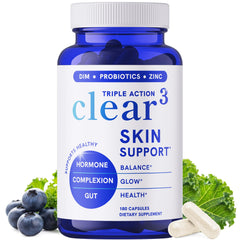 SMNutrition Clear Skin bottle cap view showing DIM and probiotics for daily hormone balance support.