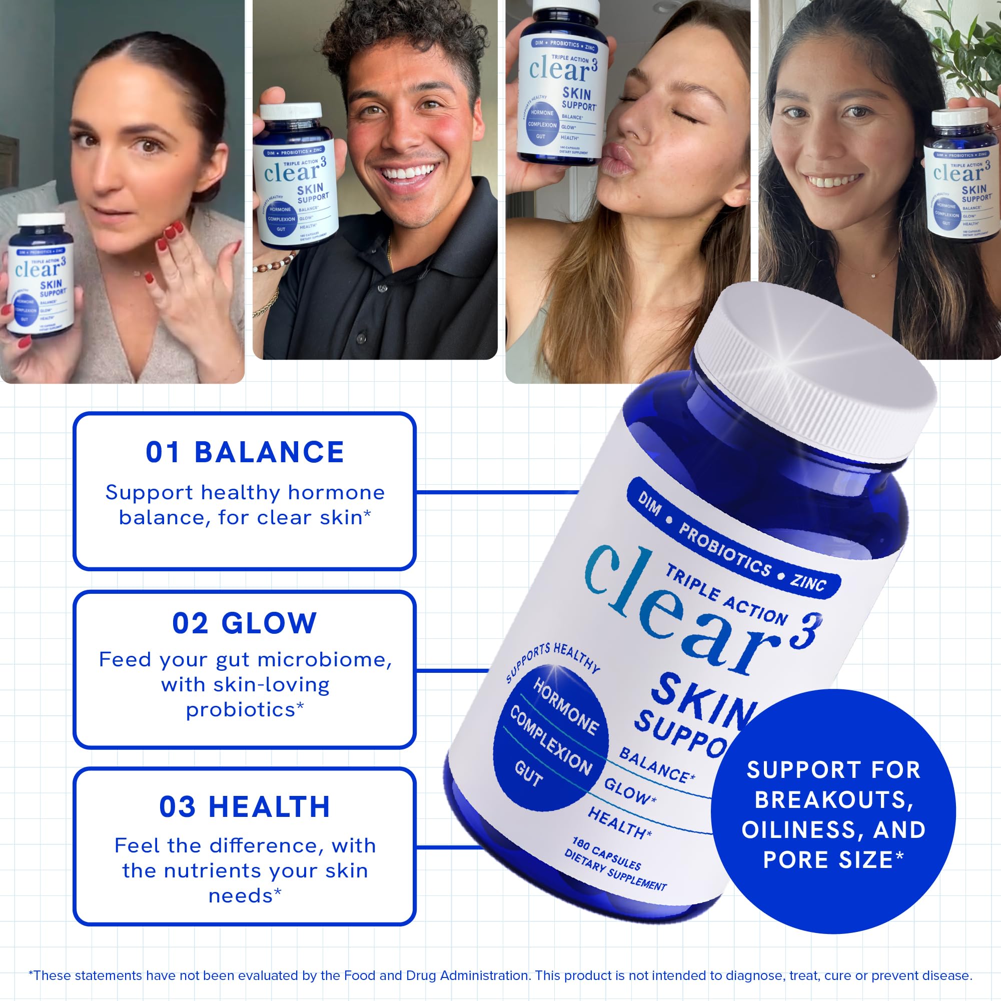 SMNutrition Clear Skin capsules closeup showing capsules ready for daily use.