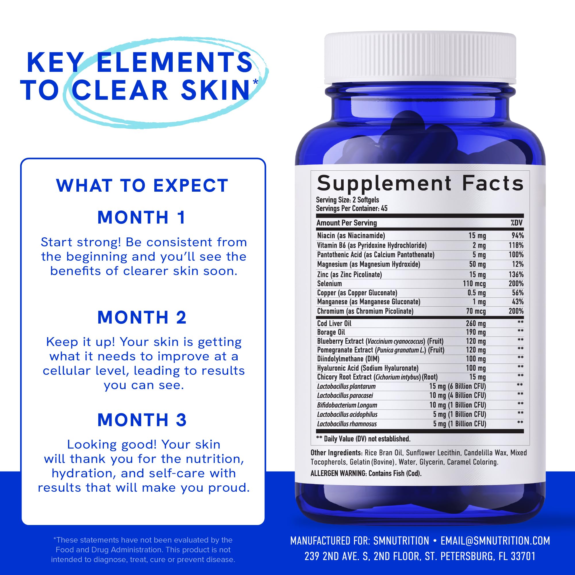 SMNutrition Clear Skin probiotics closeup emphasizing billions of CFU for gut support.