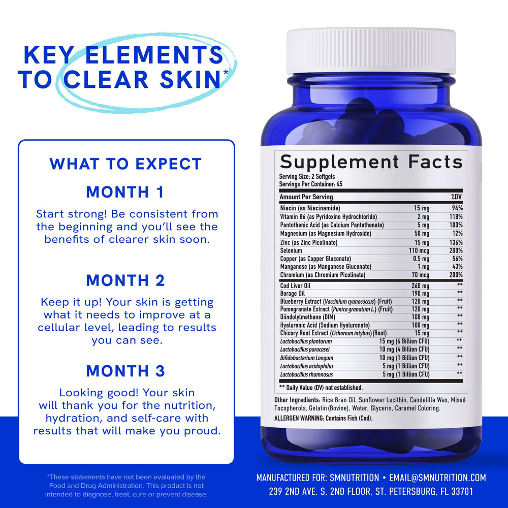 SMNutrition Clear Skin probiotics closeup emphasizing billions of CFU for gut support.