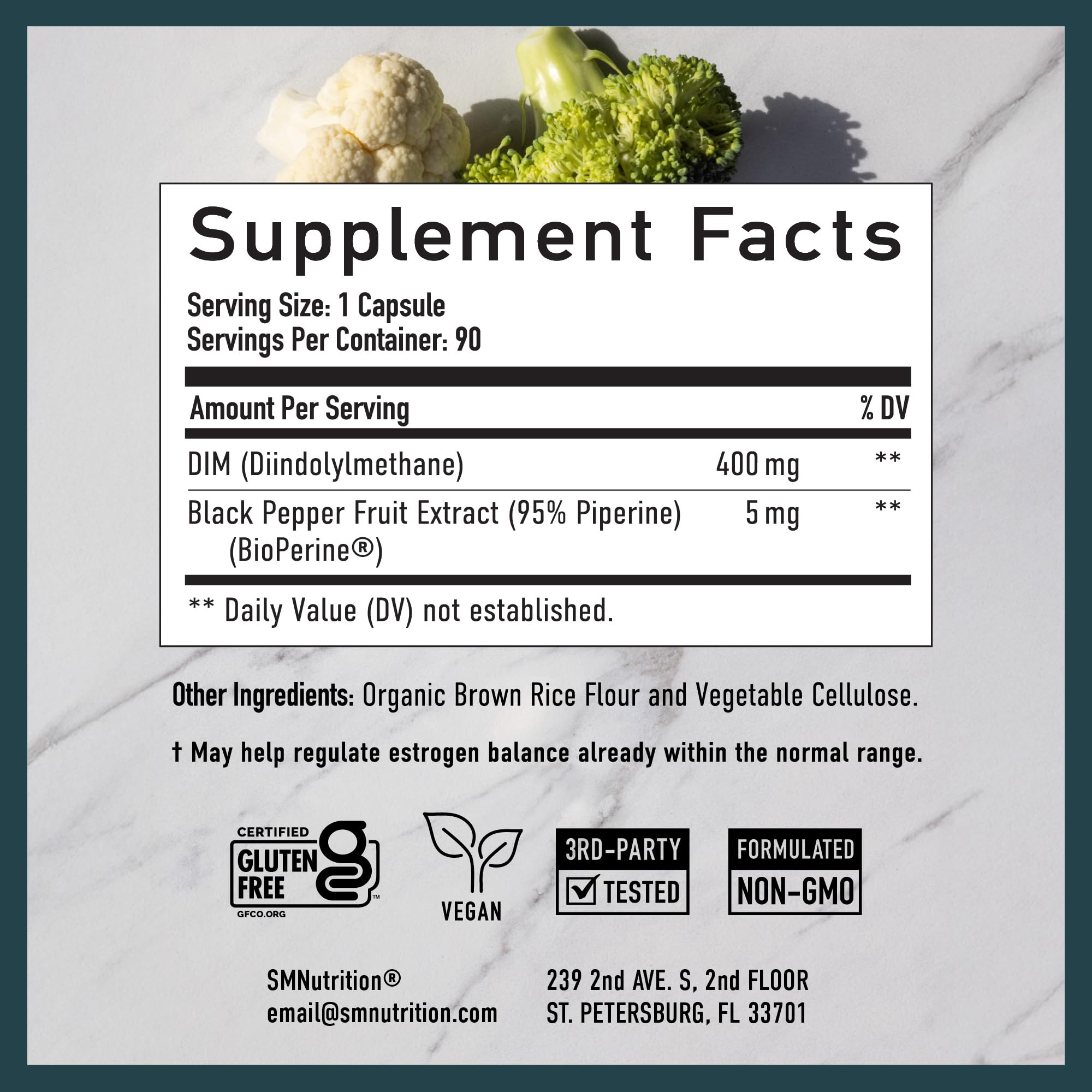 SMNutrition DIM 400mg bottle with glass illustrating a daily wellness routine