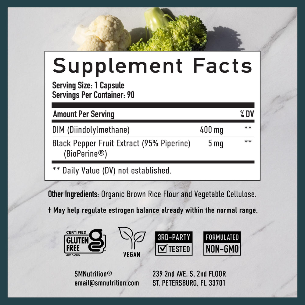 SMNutrition DIM 400mg bottle with glass illustrating a daily wellness routine