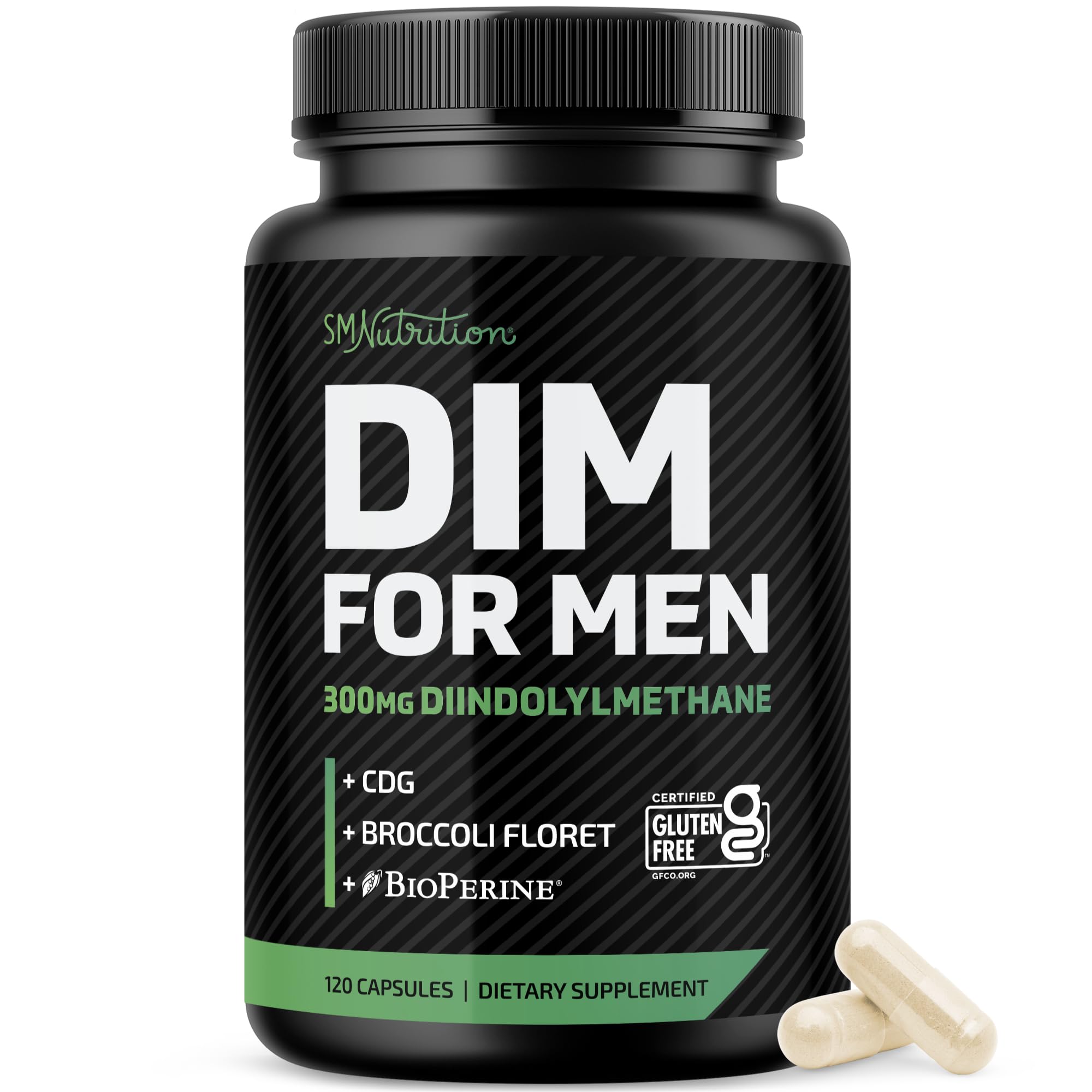 SMNutrition DIM supplement bottle showing daily dosage for balanced hormone support