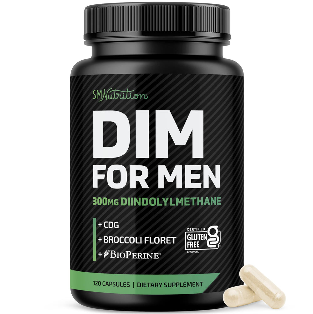 SMNutrition DIM supplement bottle showing daily dosage for balanced hormone support