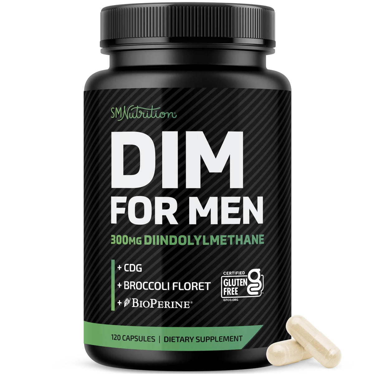 SMNutrition DIM supplement bottle showing daily dosage for balanced hormone support