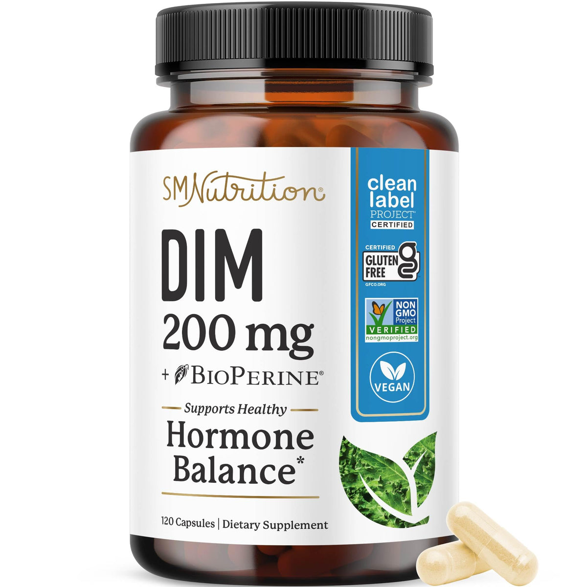 SMNutrition DIM200 bottle front highlights vegan and non-GMO reliability for daily support