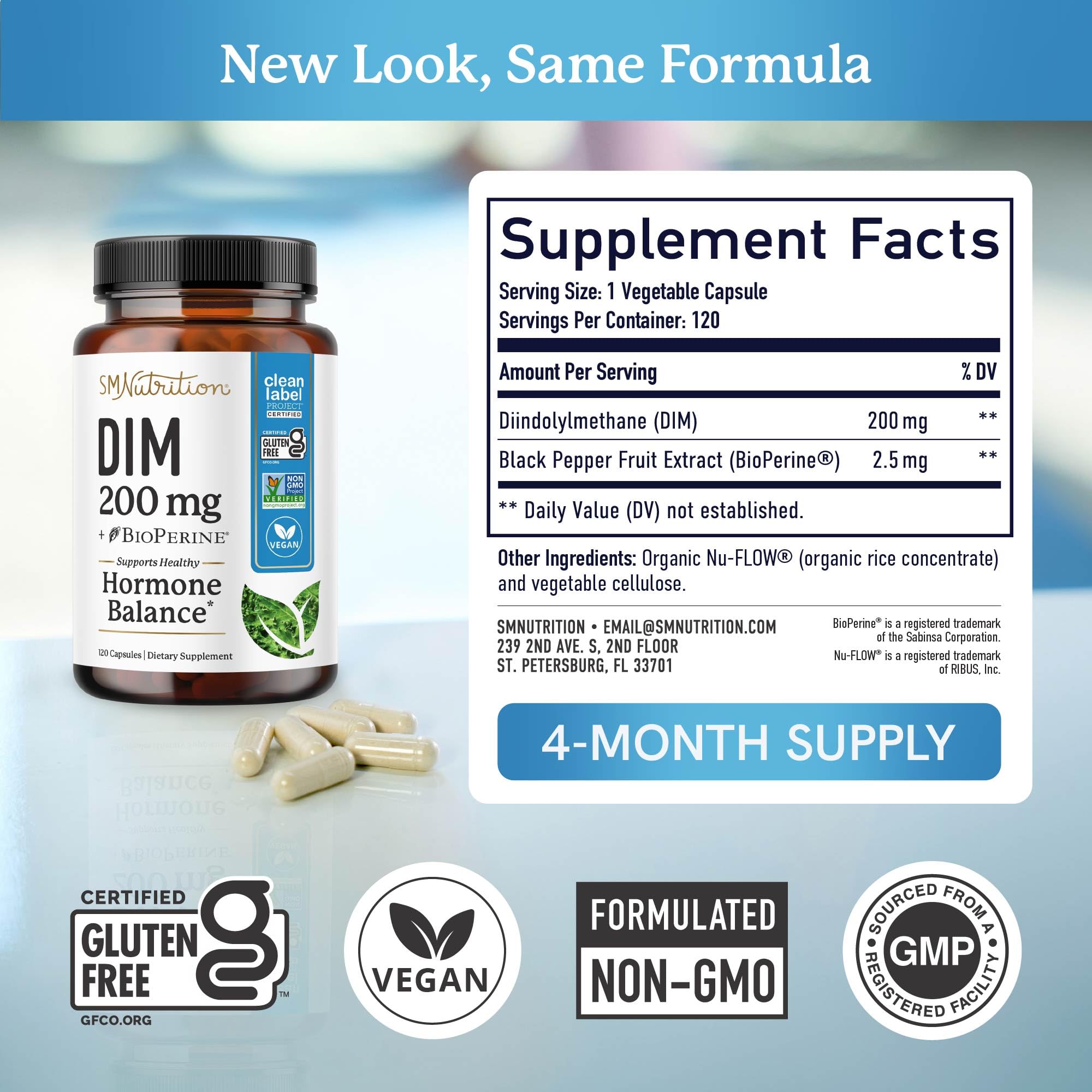 SMNutrition DIM200 certifications Non-GMO vegan gluten-free signals trust