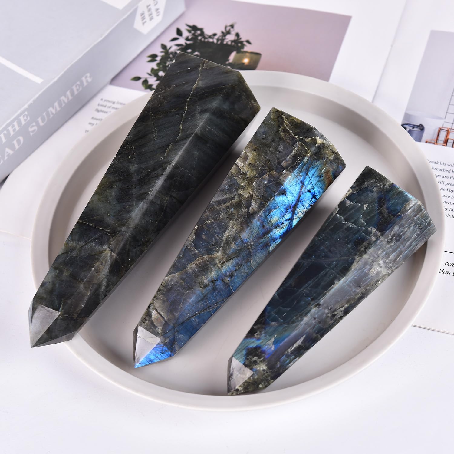SMOHEAL Labradorite crystal tower on a desk creates a calm, balanced ambiance