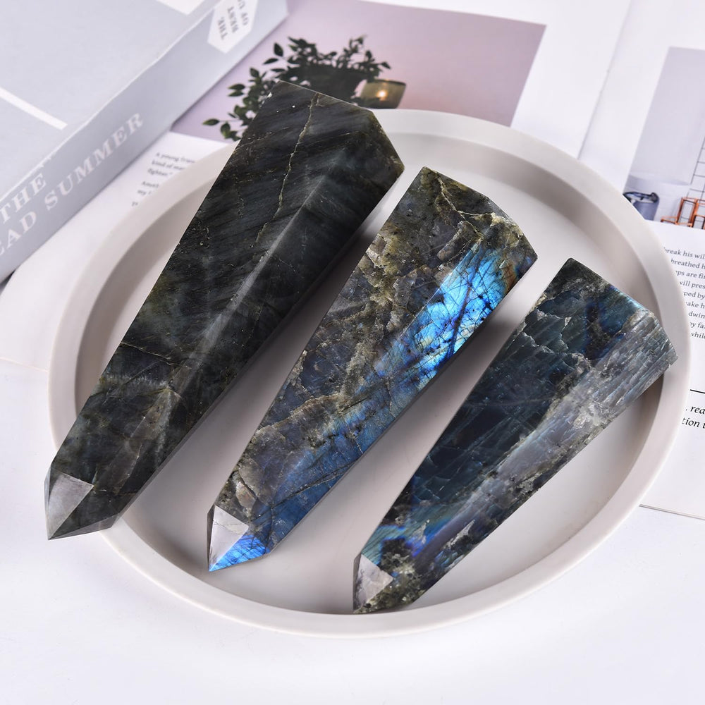 SMOHEAL Labradorite crystal tower on a desk creates a calm, balanced ambiance