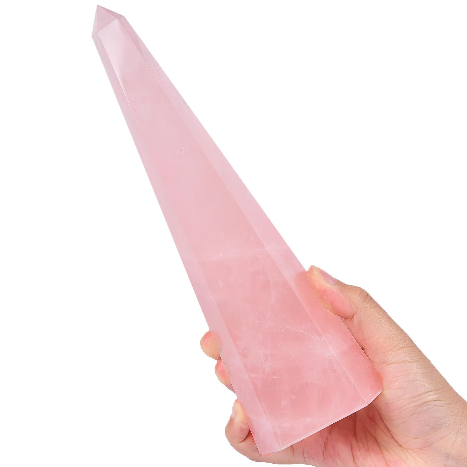 SMOHEAL Rose Quartz large crystal tower with pink point, ideal for meditation and energy focus.