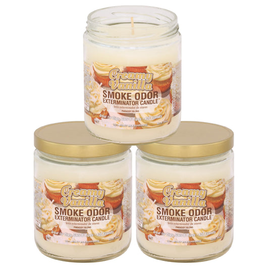 Smoke Odor Exterminator Creamy Vanilla 13oz jar candle reduces lingering smoke odors in rooms.