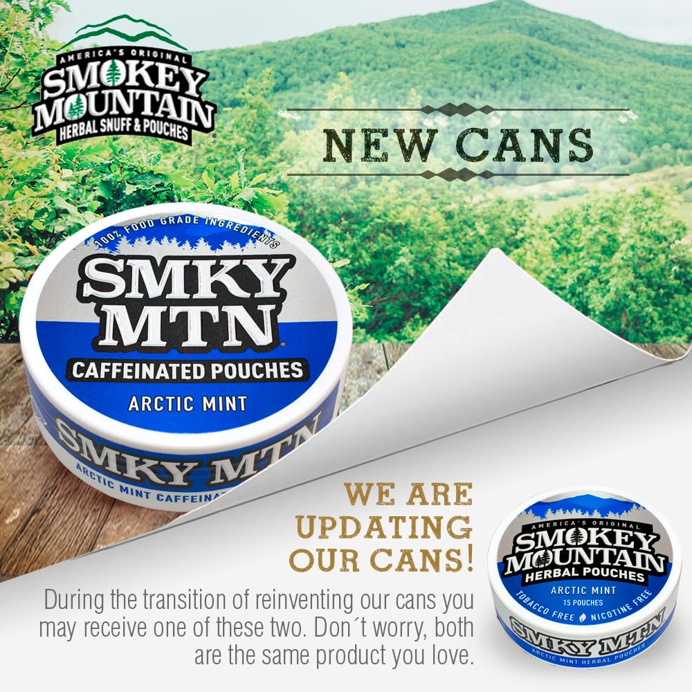 Smokey Mountain Arctic Mint can shows convenient caffeinated pouches for on-the-go use.
