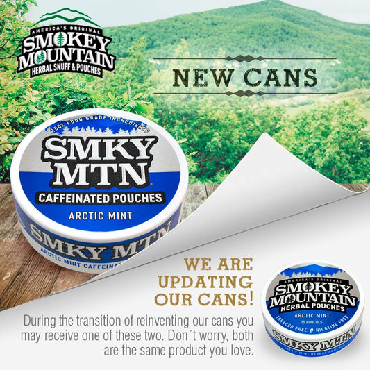 Smokey Mountain Arctic Mint can shows convenient caffeinated pouches for on-the-go use.
