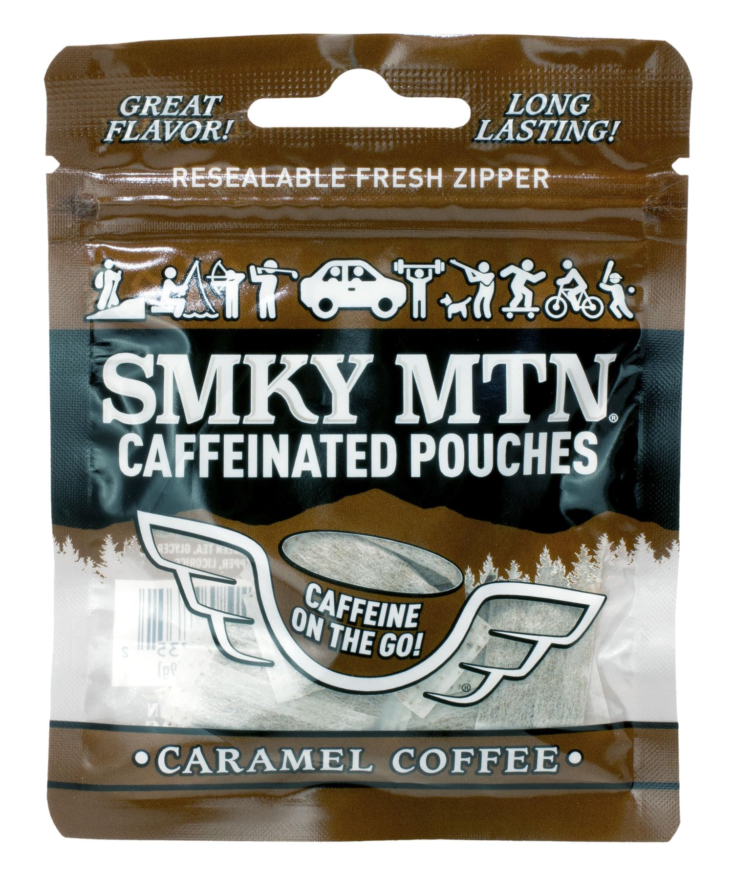 Smokey Mountain Caramel Coffee caffeinated pouch pack showing tobacco-free energy option