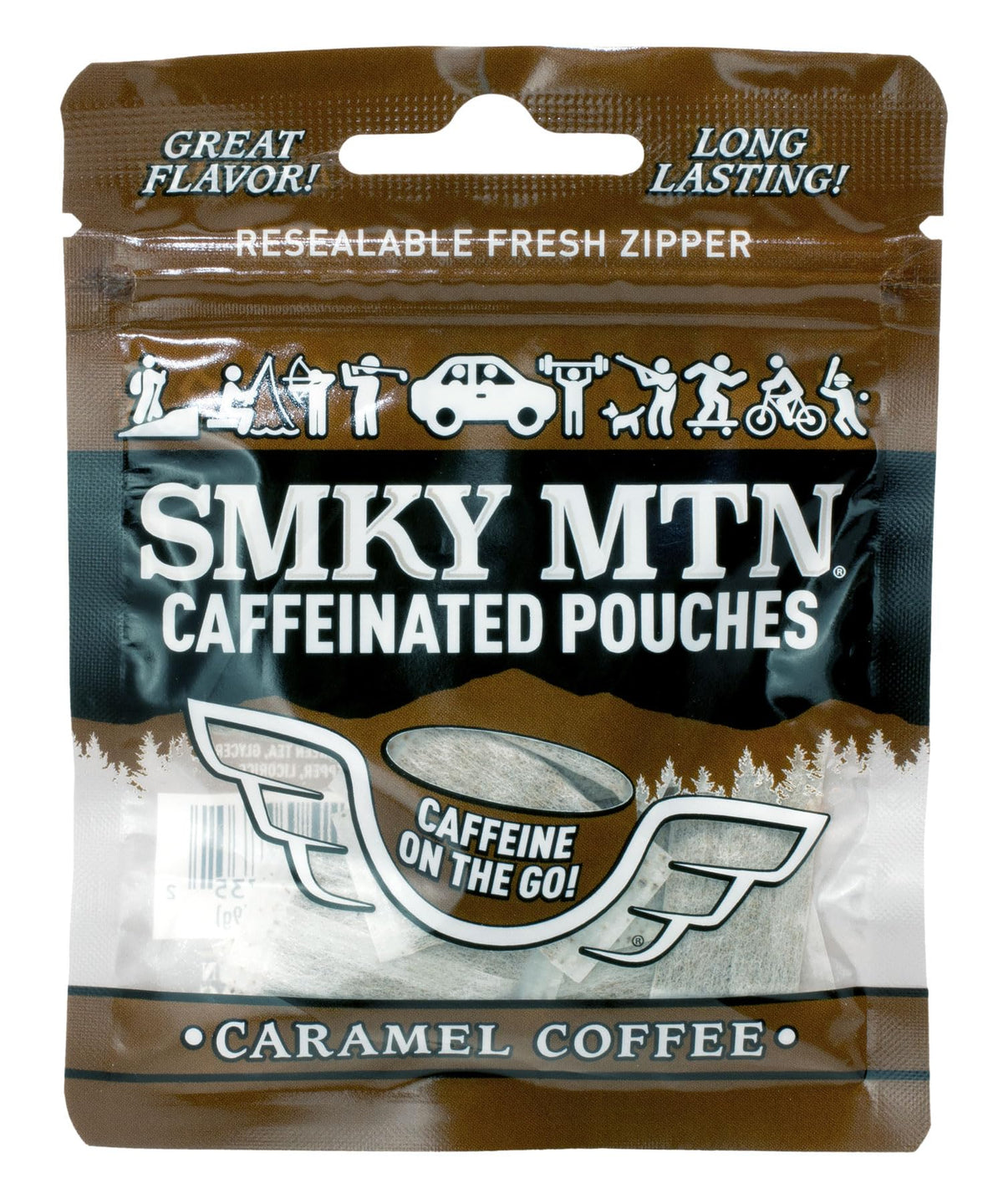 Smokey Mountain Caramel Coffee caffeinated pouch pack showing tobacco-free energy option