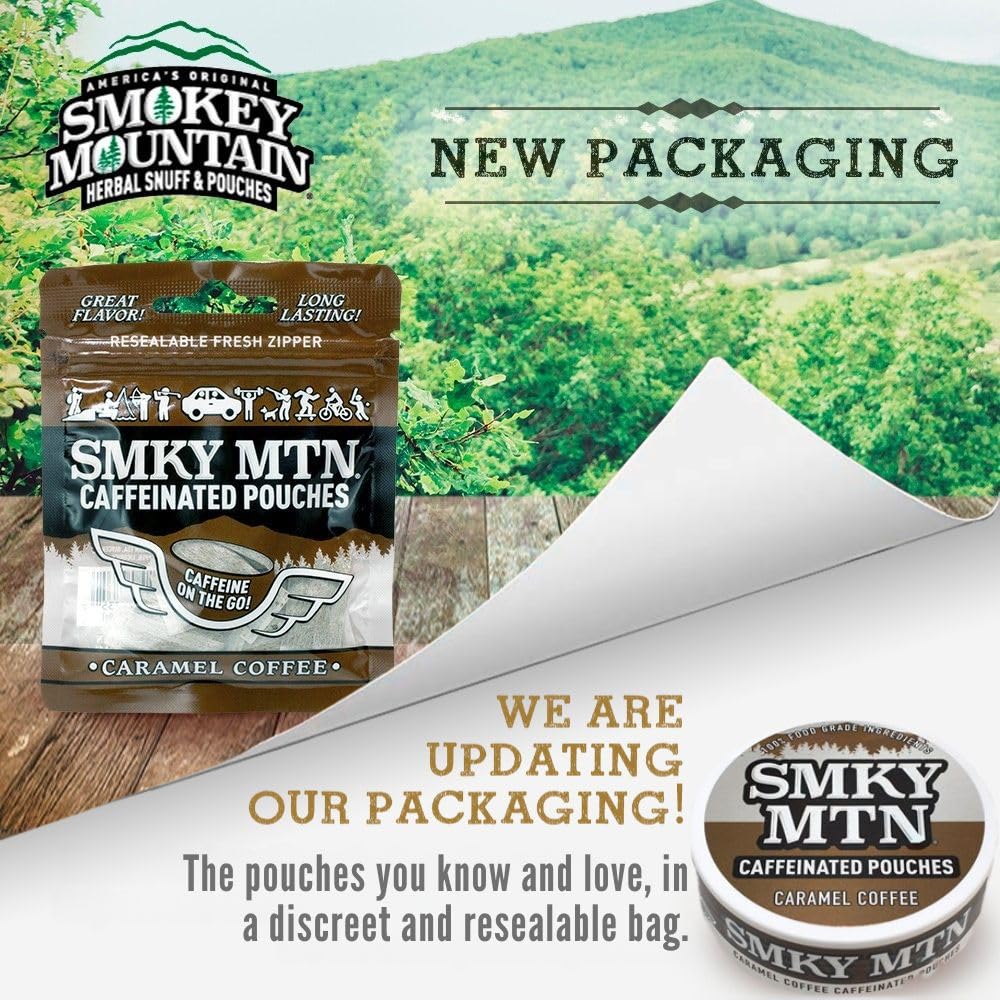 Smokey Mountain Caramel Coffee pouches open pack close-up for discreet use