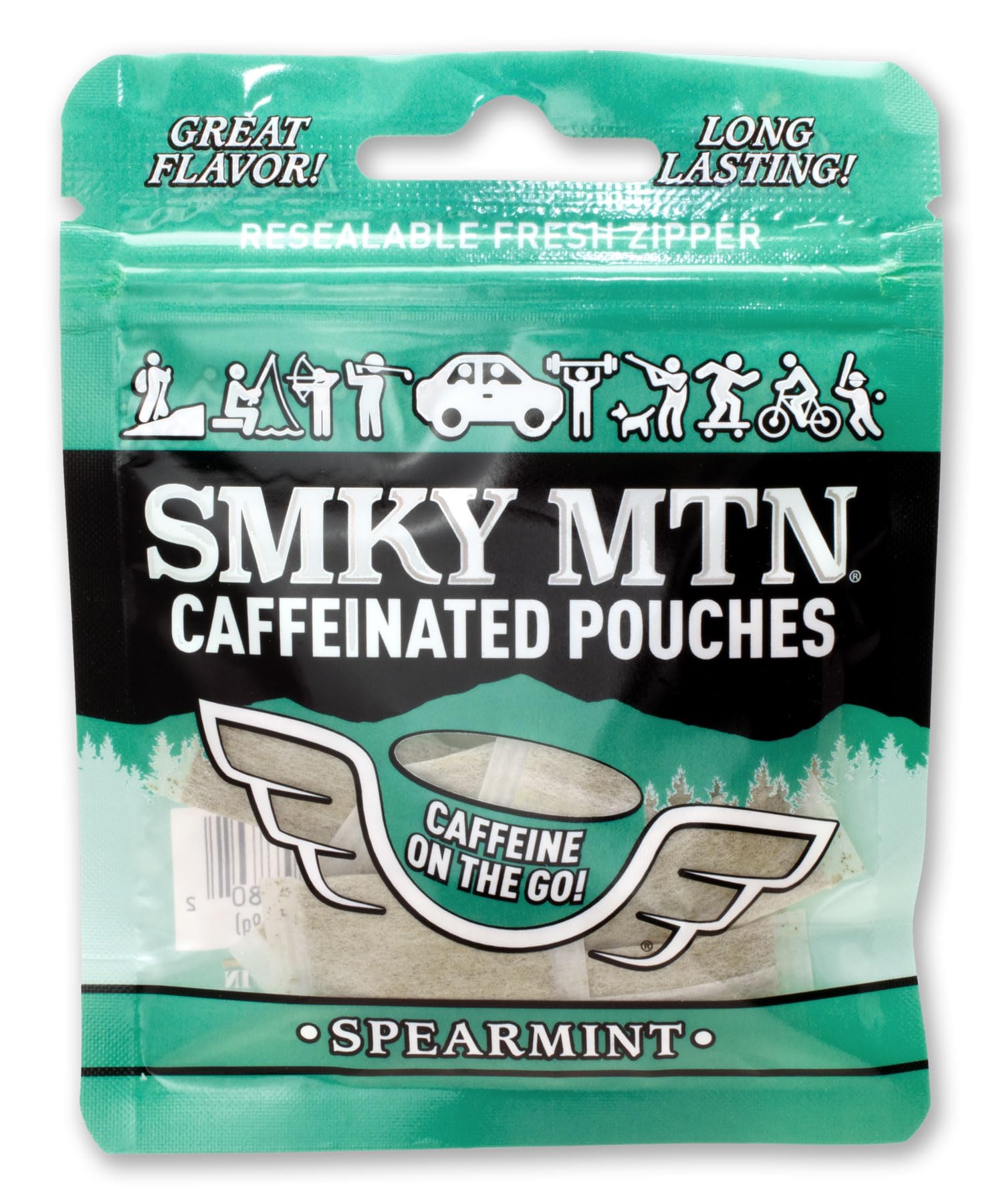 Smokey Mountain caffeinated spearmint pouches pack front, on-the-go energy ready.