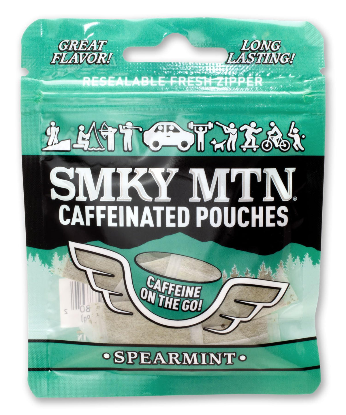 Smokey Mountain caffeinated spearmint pouches pack front, on-the-go energy ready.