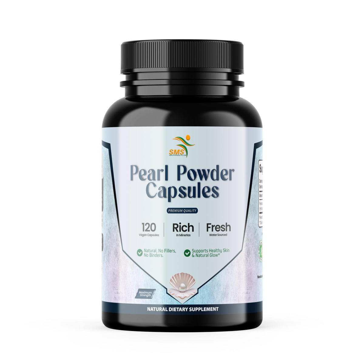 SMSHealthProducts Pearl Powder Capsules bottle shows a natural beauty support option for skin and nails