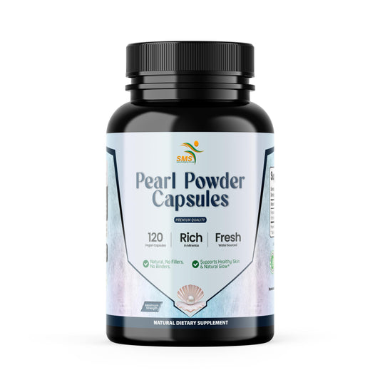 SMSHealthProducts Pearl Powder Capsules bottle shows a natural beauty support option for skin and nails