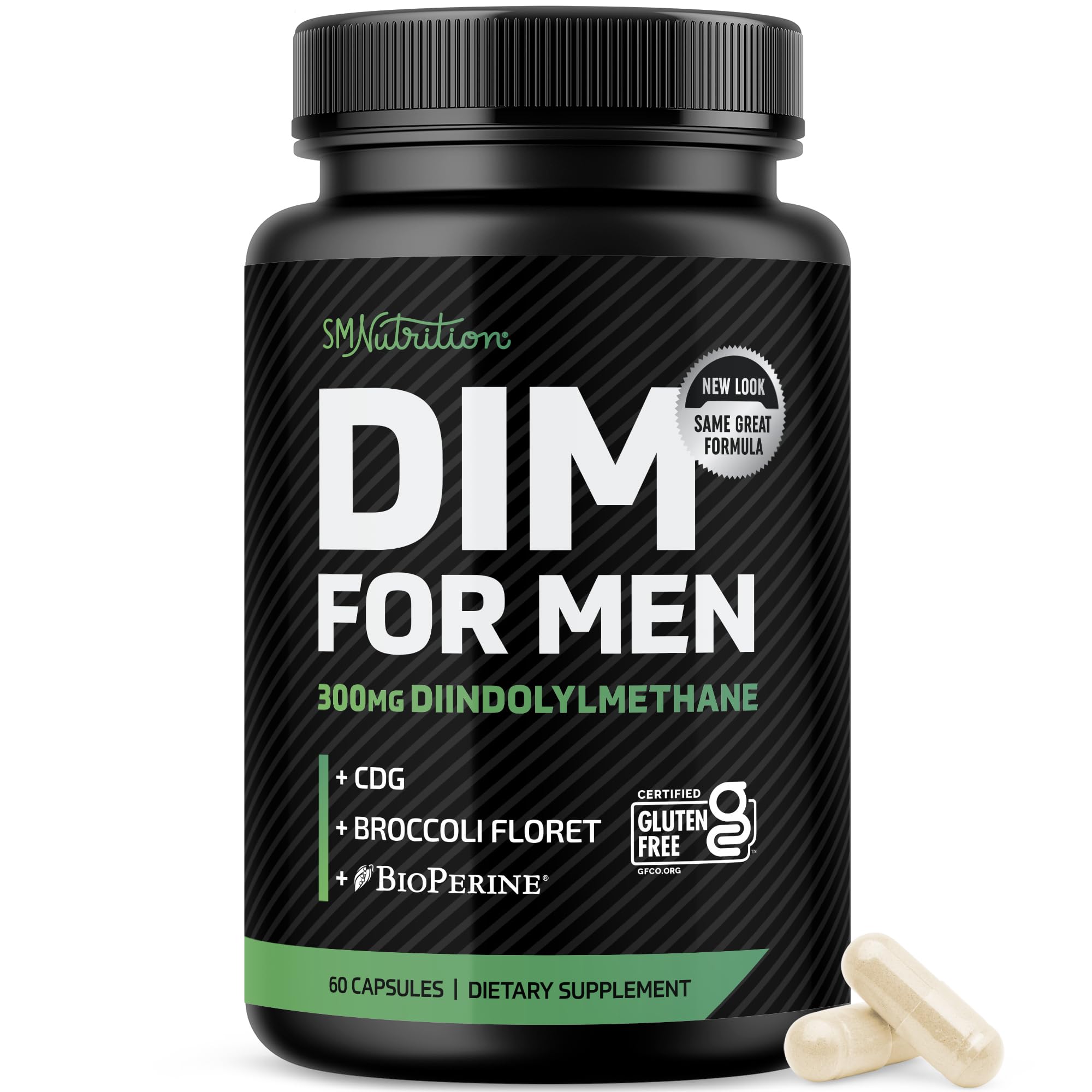 SMNutrition DIM for Men bottle front shows a 60-count package for hormonal balance support