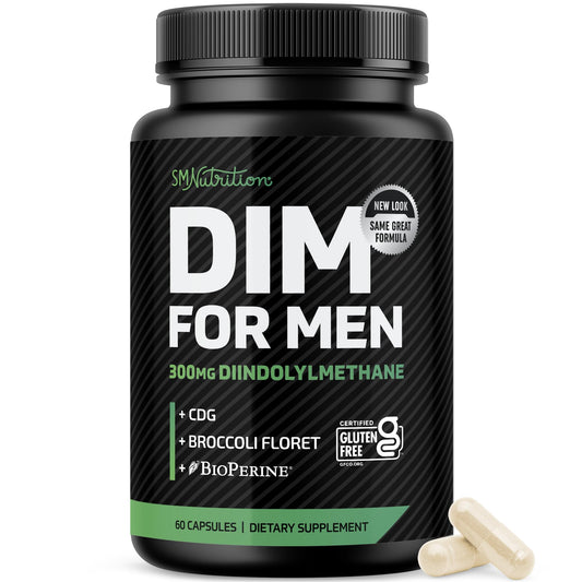 SMNutrition DIM for Men bottle front shows a 60-count package for hormonal balance support